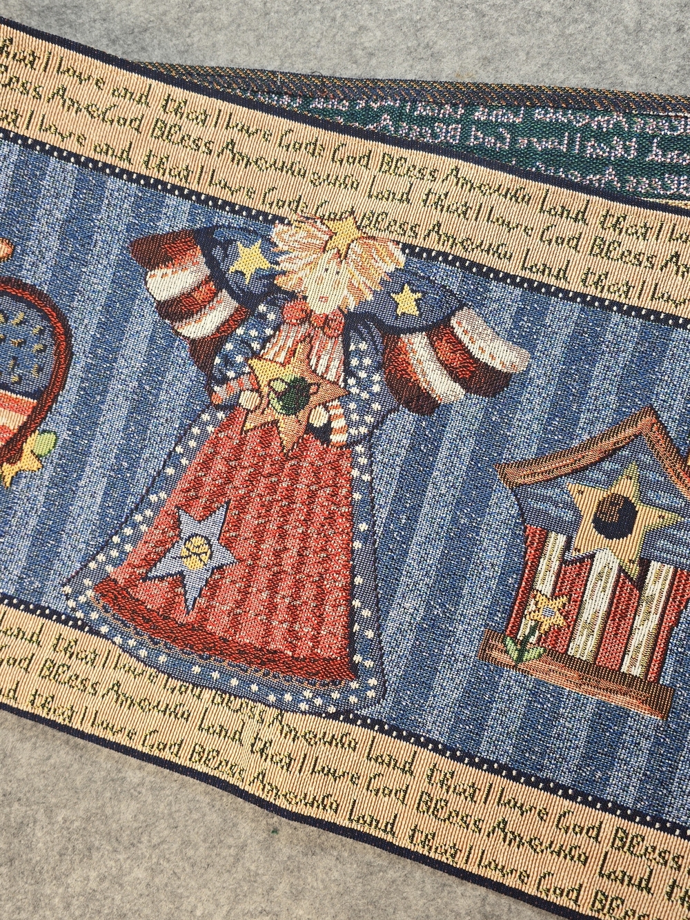 Patriotic Tapestry Table Runner Red Blue  God Bless America Land That I Love 72"